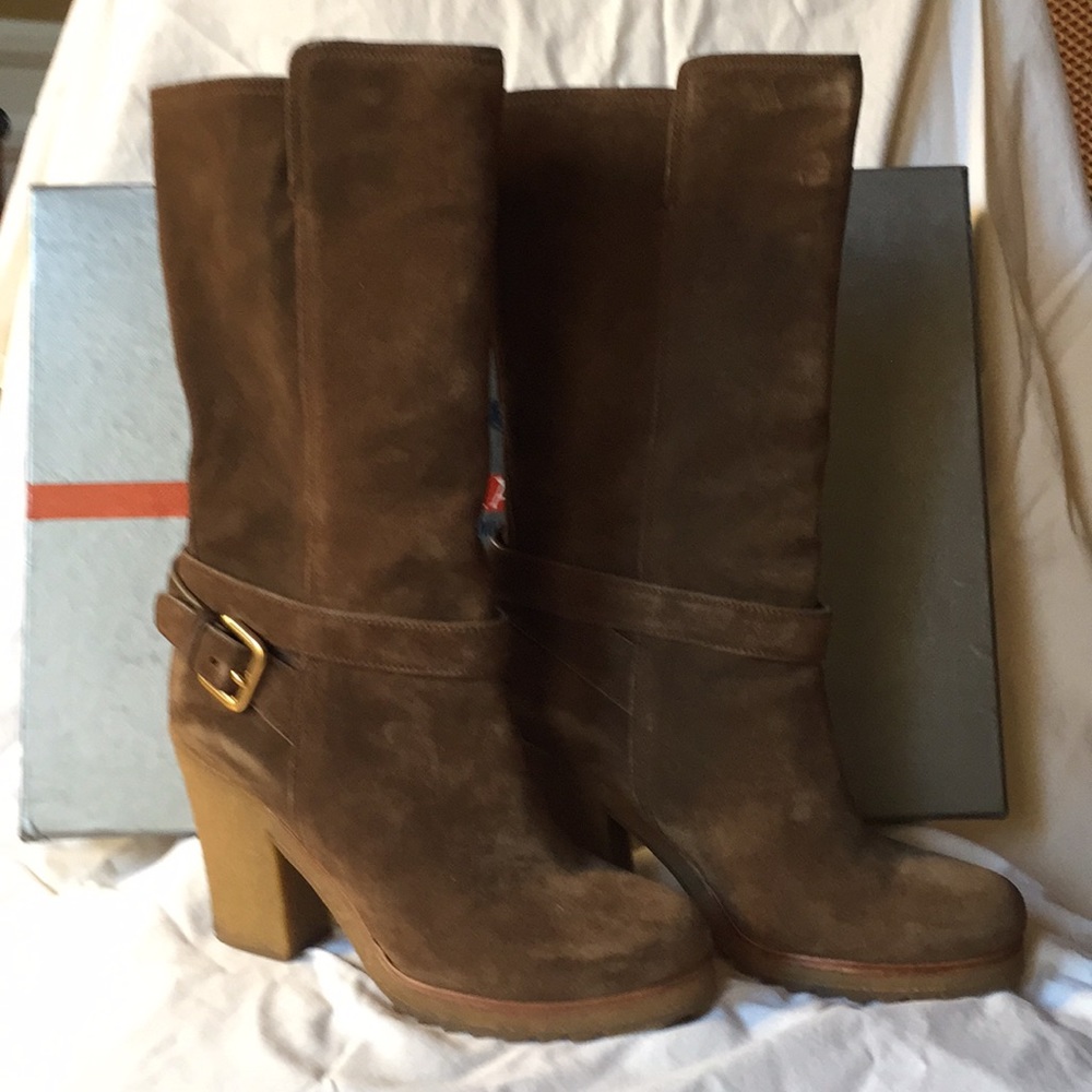 Prada mid calf brown suede boots.